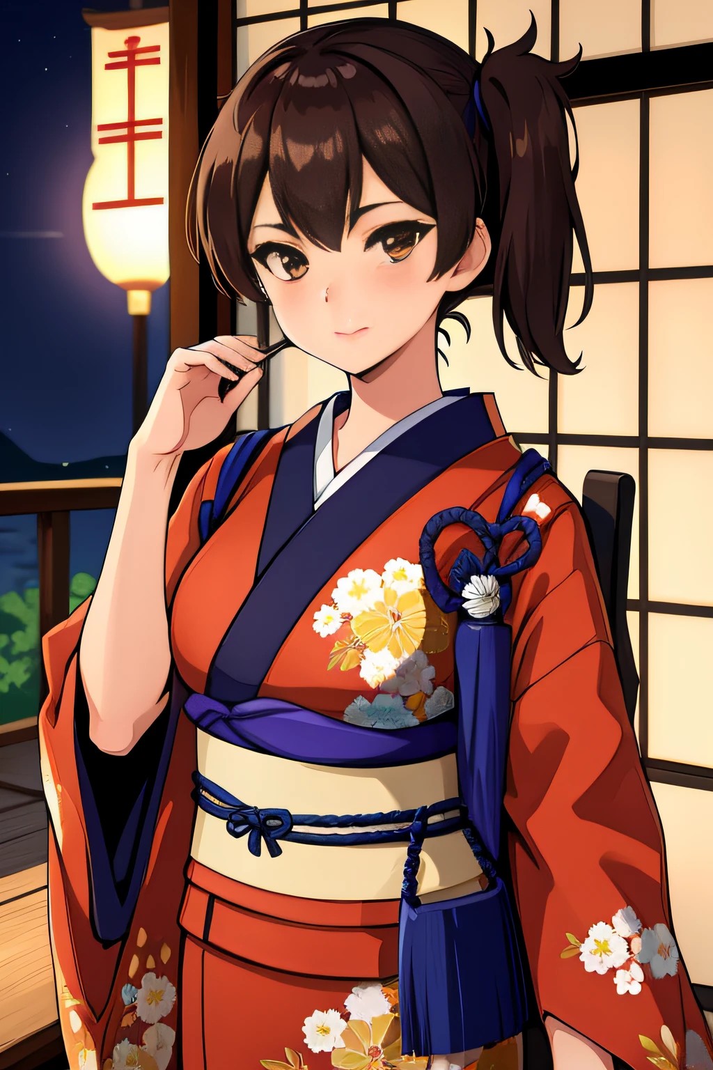 (masterpiece, best quality:1.2),illustration,8k,hd,1girl,solo, brown_hair,side_ponytail,brown_eyes,short_hair,long_hair,large_breasts,Kaga, (newyear_costume), japanese_clothes, kimono, long_sleeves, wide_sleeves, obi, headgear, long hair, kimono, sash, floral print,