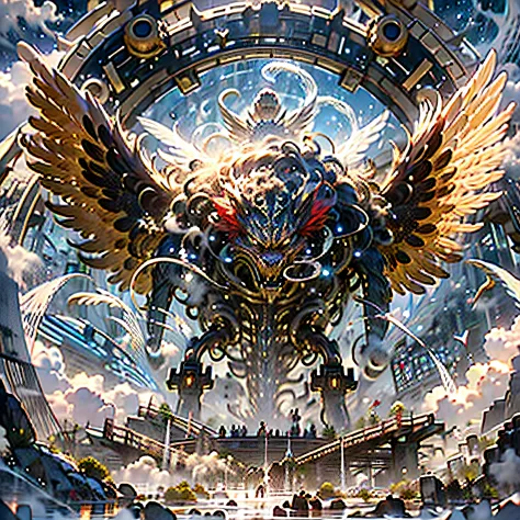 in a panoramic view，photorealestic，A giant golden mechanical Locke flies through space，The modular composition of the whole body...