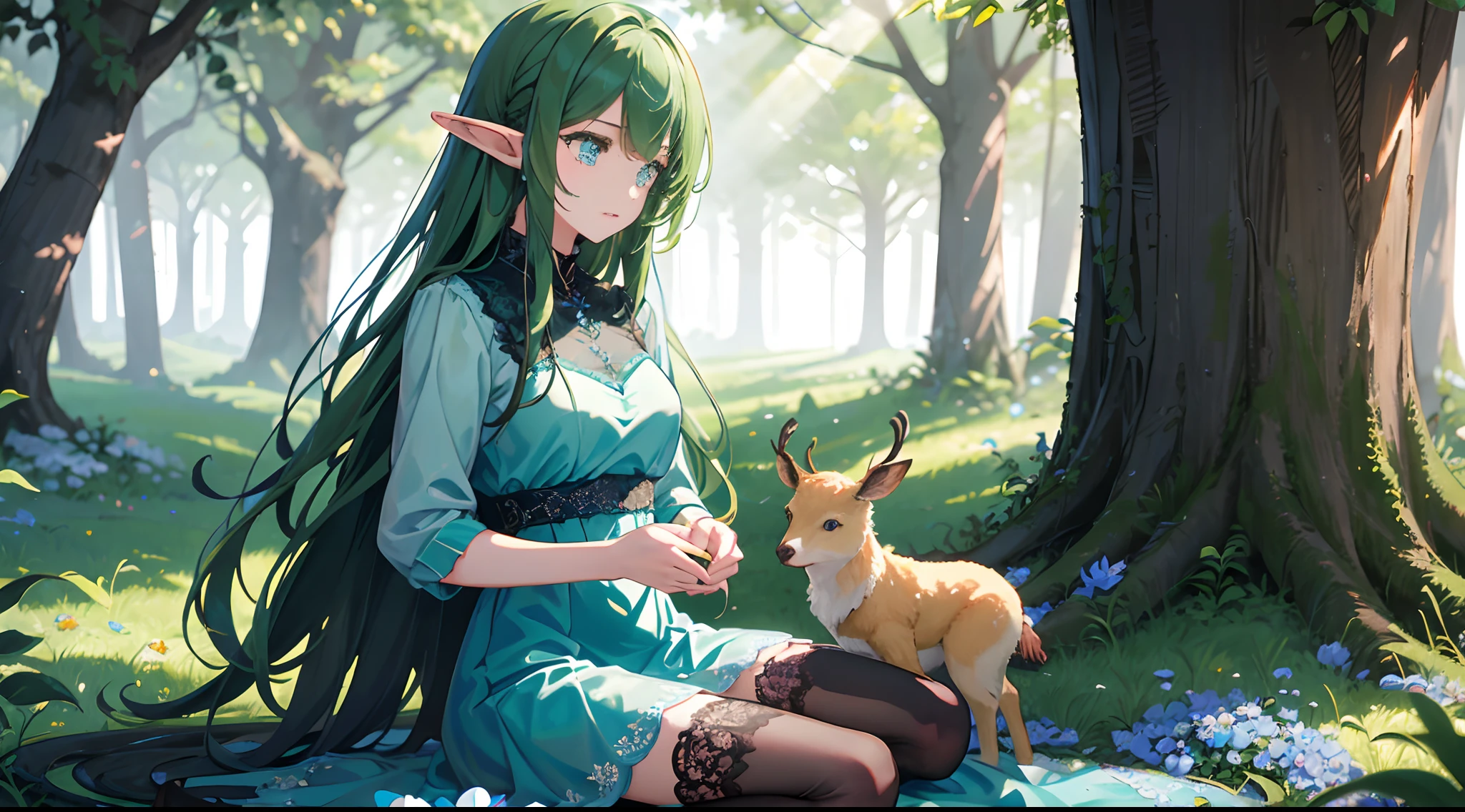 Long hair green girl，blue color eyes，Elf style，Wearing a long green lace dress，The scene is in the forest，Over-the-knee lace stockings，Sit on a yellow deer，Holding a pale blue flower in his hand。