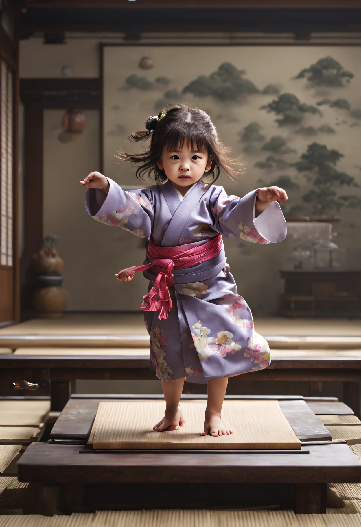 1 garota, Uma menina de 5 anos vestindo um quimono está prestes a pular do topo do tabuleiro Go, Olhando para o visualizador, (Penteados aleatórios), (corpo todo:1.5), (fotorrealista:1.4), melhor qualidade, 8K, obra de arte, Foto CRU, (lente grande angular), rosto ultra detalhado, olhos detalhados, (((bela mão, mão perfeita)))