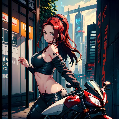 1 girl, solo, red hair, long hair, ponytail, black hairbow, large breasts, cool futuristic motorcycle, brown leather jacket over green crop-top, black short trousers, wind magic, riding a bike, shoulder look, looking at viewer, cyberpunk ambience, cities i...