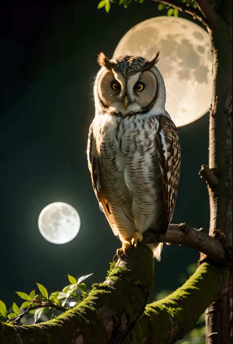 ((((Masterpiece))), best quality, illustrations, beautiful details glowing with paper_cut, owl, tree, moon,