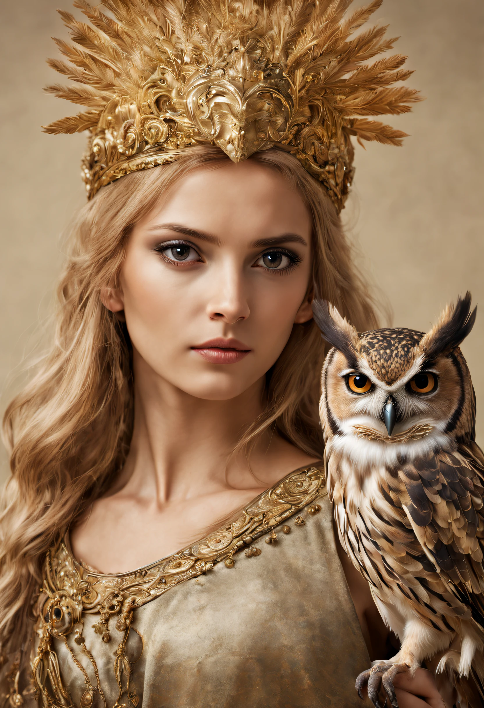 outside border, Close-up, Sony FE GM, surrealism, suprerralistic, hyper HD, Masterpiece, ccurate, Textured skin, Super detail, High details, High quality, Award-Awarded, Best quality, A high resolution, 8K, Anatomically correct，
（Close-up of an owl standing on Athena's shoulder），（Hooters：1.37），（Stand on Athena's shoulders:1.37），
The owl's face is round, largeeyes, very large eyes, short, Curved beak, short, Thick feathers, Thick claws, It has various patterns on its plumage. It is a unique and beautiful creature，The wonders and wisdom of nature are showcased ，
 （atenea：0.8），The eyes of the goddess were bright and large, Charming and majestic, Her facial contours are elegant and refined, The Greek nose is straight, Her hair is blonde or dark, Long and smooth, And her mouth is often pursed tightly, Show her determination and determination. Her skin is fair and flawless, ivory skin, Dignified and beautiful, Wear yours with a delicately embroidered dress, Wear a helmet crown in battle, In his right hand he holds a spear, In his left hand, He held a golden tassel in his hand, The image of Egis is characterized by a shining golden light, He wore an olive branch on his head, A symbol of peace