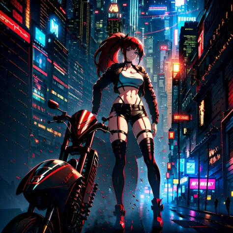 1 girl, solo, Lain_Paterson, red hair with black tips, long hair, ponytail, black hairbow, large breasts, cool futuristic motorcycle, brown leather jacket over green crop-top, black short trousers, wind magic, riding a bike, shoulder look, looking at viewe...