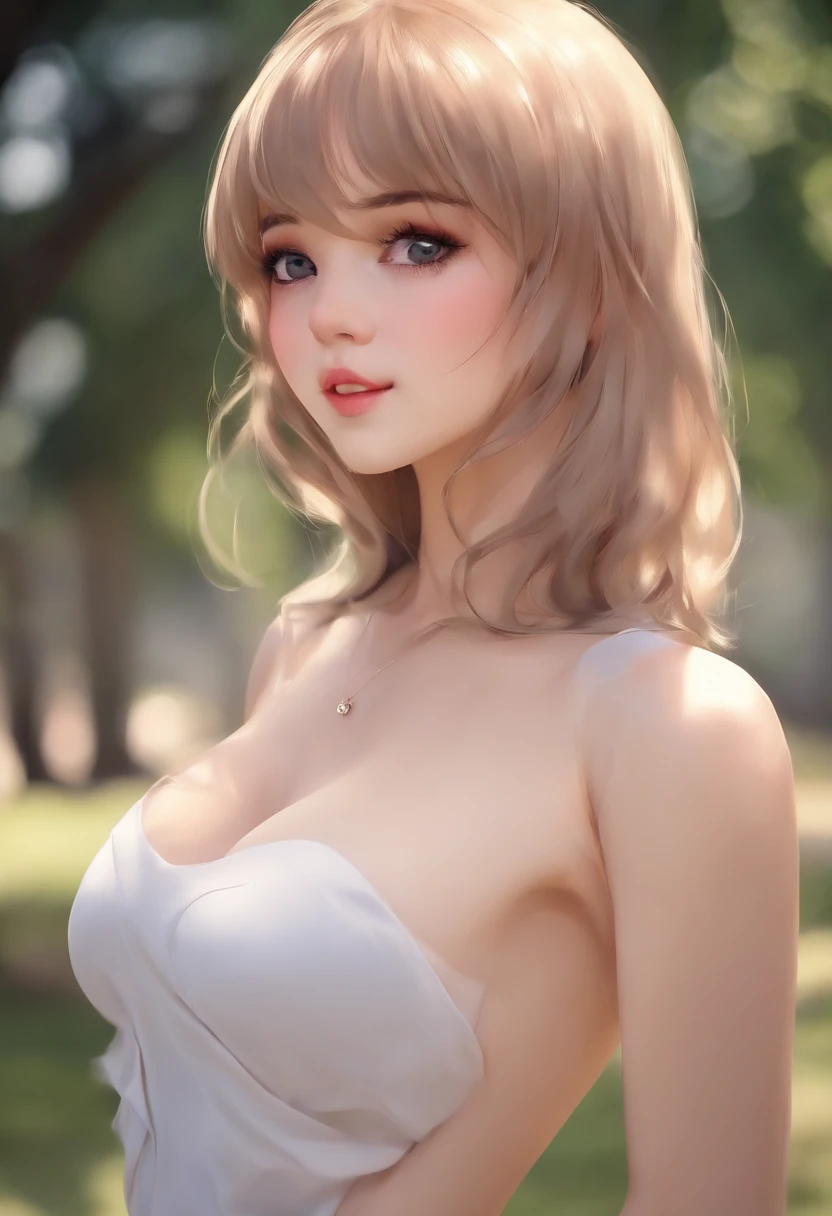 A woman with a big breast posing in a white dress - SeaArt AI