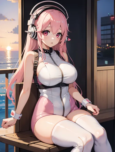 (1girl), Super Sonico enjoying the beautiful sunset scenery outside a coffee shop, with her red eyes shining and headphones on, ...