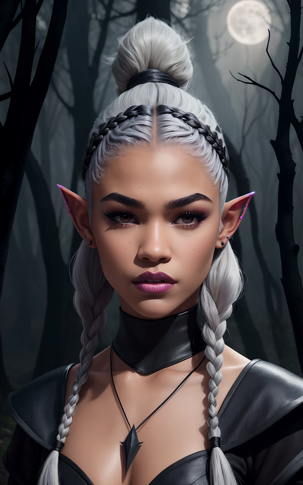 (Dark elf witch), the face of zendaya:Dua lipa, pointy ears, grey skin ...