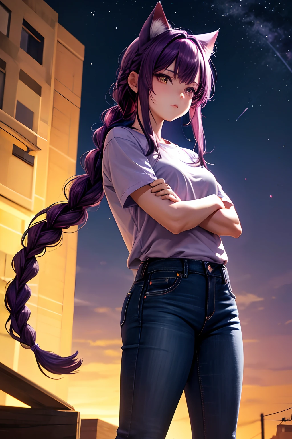 Top quality, high resolution, perfect human structure, background focus, front view, purple hair, glowing hair, cat ears, crossed arms, french braid, crazy eyes, shirt, jeans, night sky