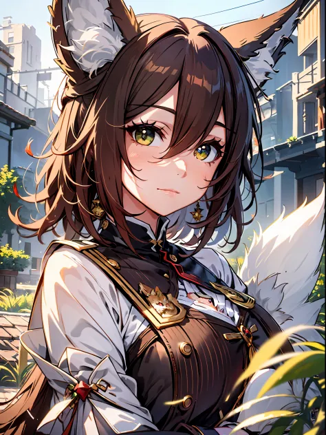 Masterpiece, 8K picture quality, extreme details, cute fluffy fox ears, anime fox fairy, short brown hair with charming eyes, ex...
