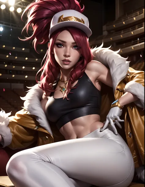 Akali kda prestige, 1girl, solo, long hair, breasts, looking at viewer, jewelry, medium breasts, red hair, necklace, hair over one eye, lips, makeup, white headwear, upper body, epic light, crop top, fur trim, jacket, concert hall, sitting, white gloves, w...