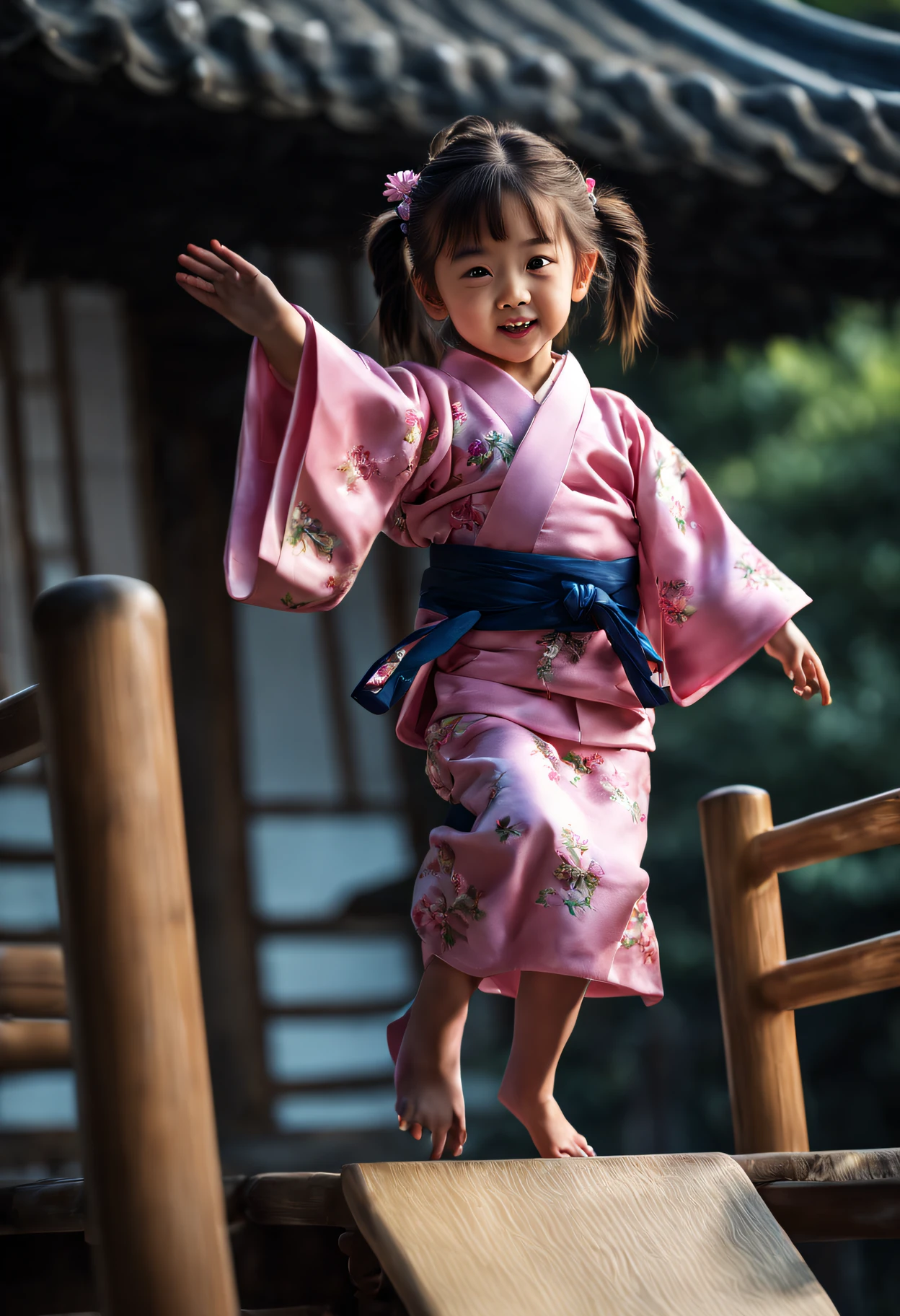 1 girl, A very cute 5-year-old girl wearing a pink kimono is about to jump off the top of the Go board, looking at viewer, (random hairstyles), (full body:1.5), (photorealistic:1.4), Best quality, 8k, Masterpiece, raw photo, (wide angle lens), Ultra-detailed face, Detailed eyes, (((nice hand, perfect hand)))