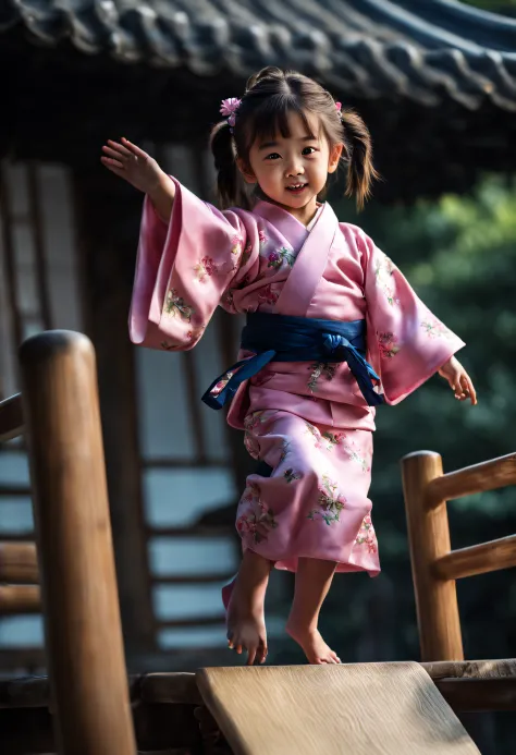 1 girl, a very cute 5-year-old girl wearing a pink kimono is about to jump off the top of the go board, looking at viewer, (rand...