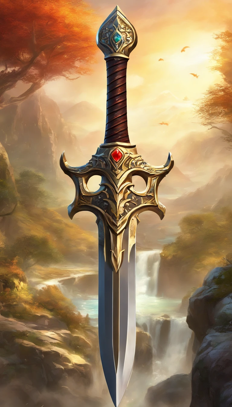 (best quality,4k,8k,highres,masterpiece:1.2),ultra-detailed,realistic,mastersword,legendary weapon,precise craftsmanship,detailed hilt,sharp blade,properly proportioned,beautifully textured,mythical sword,iconic symbol,hero's weapon,forged by the gods,sword of destiny,enchanted blade,glowing blue aura,legendary battles,ultimate power weapon,destined to defeat evil,classic video game weapon,masterful design,intricate engravings,powerful artifact,impeccable quality craftsmanship,striking and elegant,centerpiece of the artwork,shimmering with divine energy,sharp enough to cut through anything,radiating strength and power,fit for a true hero,artistic homage to the game,signature weapon of the hero,pristine metalwork,exquisite attention to detail,colorful gems embedded in the hilt,legendary legacy,unbreakable and indestructible:focus on the blade's reflections and highlights,create an atmosphere of reverence and awe,showcase the iconic sword in a dynamic pose and perspective,bring out the mythical essence and power of the Mastersword.