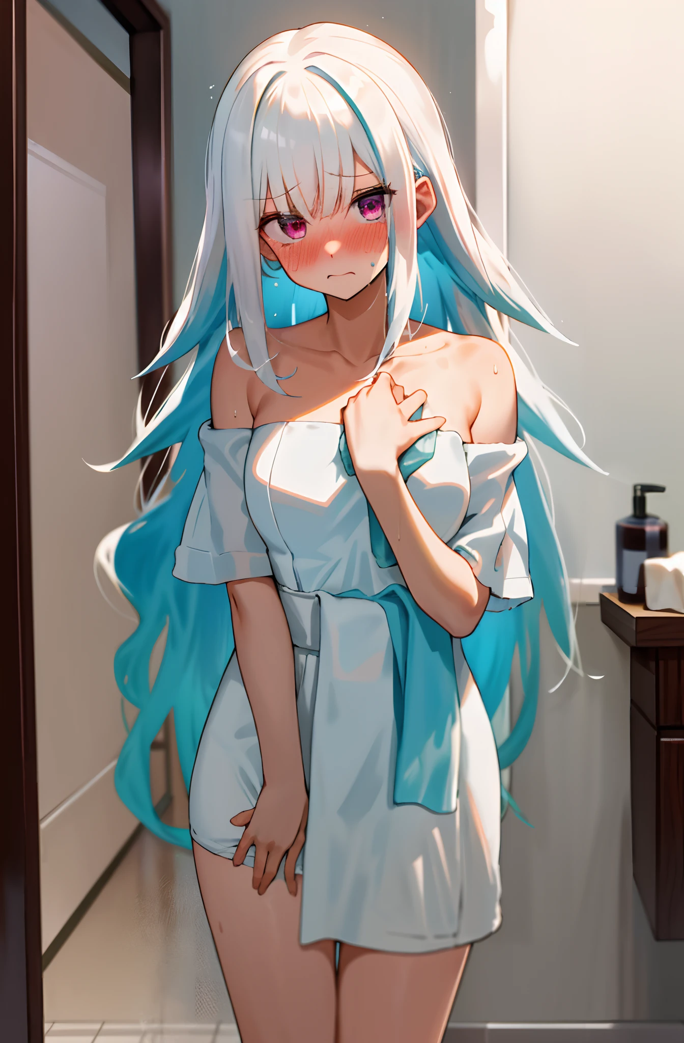 Anime girl with blue hair and white dress in a bathroom - SeaArt AI