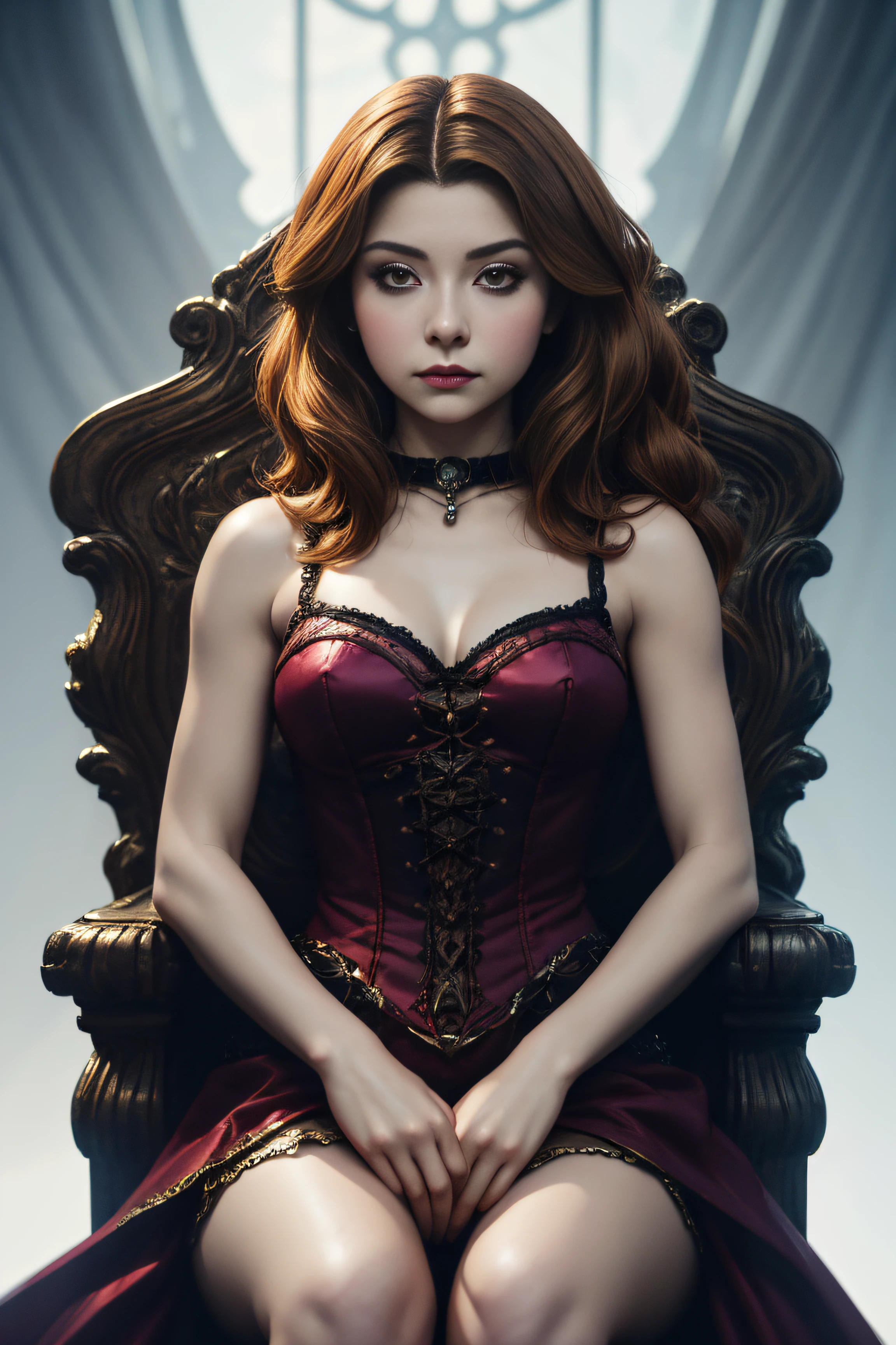 Karol Sevilla, wearingelegant gothic sexy clothes, sit on the throne, character portrait, 3 9 9 0 s, short hair, intricate, elegant, highly detailed, digital painting, artstation, concept art, smooth, sharp focus, illustration, art by wlop, charlie bowater and alexandra fomina