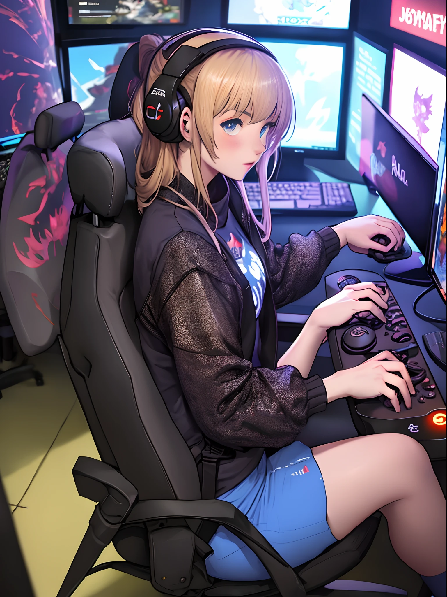 Anime girl sitting in a chair with headphones on playing a game - SeaArt AI