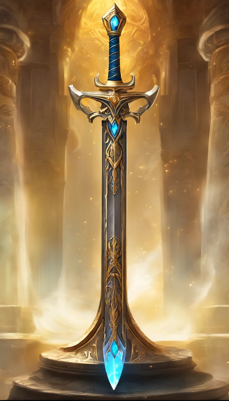 (best quality,4k,8k,highres,masterpiece:1.2),ultra-detailed,realistic,mastersword, standalone, legendary weapon,precise craftsmanship,detailed hilt,sharp blade,properly proportioned,beautifully textured,mythical sword,iconic symbol,hero's weapon,forged by the gods,sword of destiny,enchanted blade,glowing blue aura,legendary battles,ultimate power weapon,destined to defeat evil,classic video game weapon,masterful design,intricate engravings,powerful artifact,impeccable quality craftsmanship,striking and elegant,centerpiece of the artwork,shimmering with divine energy,sharp enough to cut through anything,radiating strength and power,fit for a true hero,artistic homage to the game,signature weapon of the hero,pristine metalwork,exquisite attention to detail,colorful gems embedded in the hilt,legendary legacy,unbreakable and indestructible:focus on the blade's reflections and highlights,create an atmosphere of reverence and awe,showcase the iconic sword in a dynamic pose and perspective,bring out the mythical essence and power of the Mastersword.