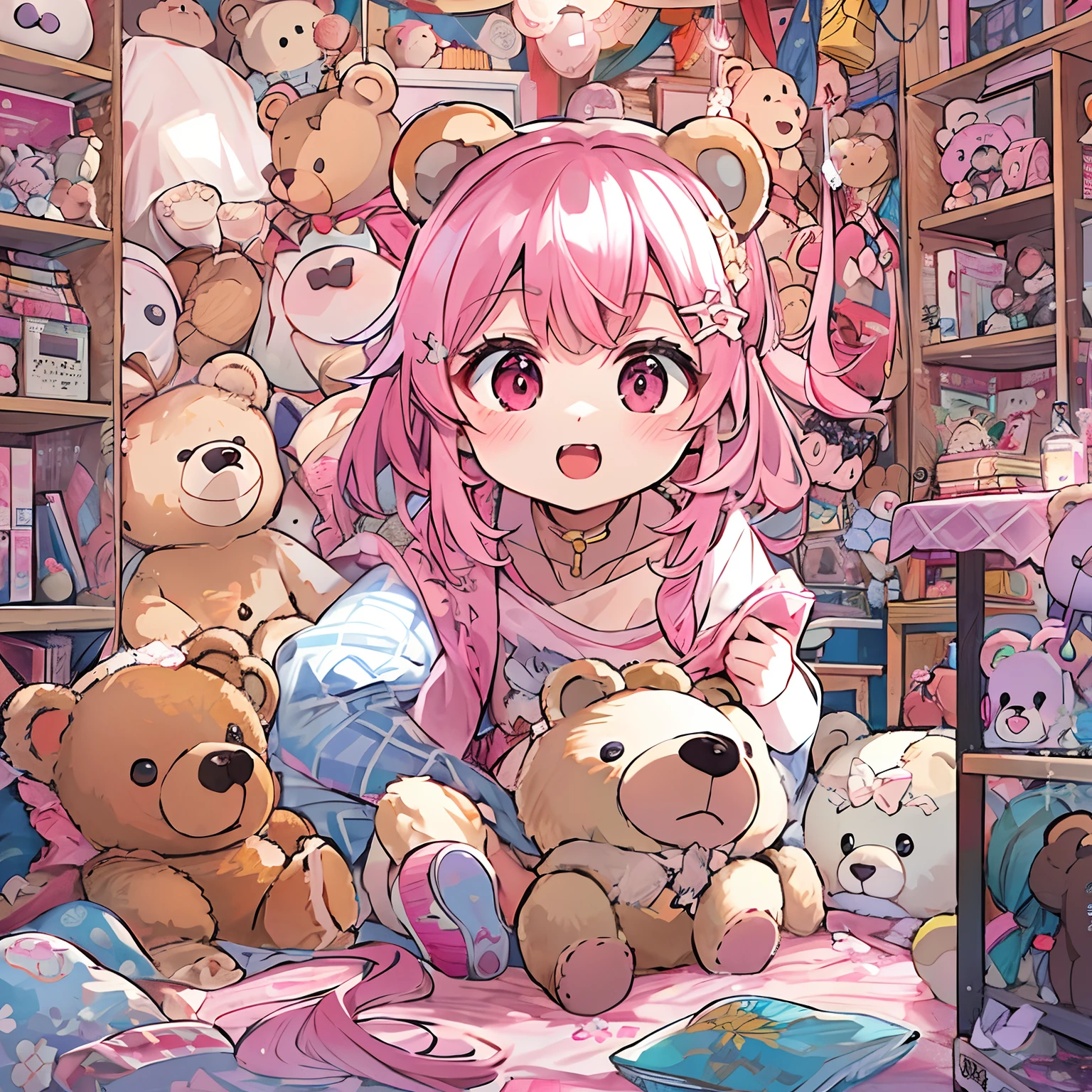 absurderes, hight resolution, (Anime style:1.1), ((masutepiece)), ((Best Quality)), (Ultra-detailed), (Beautiful), 独奏, Beautiful face、(liftup),12year old、Your own cute room、pink wall paper、Lots of stuffed animals lined up.、Beautiful and very cute girl standing、Bright pink colorful hair, Glowing red eyes,Looking at Viewer,Lens Flare,Dramatic,(There is a stuffed bear:1.2)、Mini skirt、full body Esbian、Female masturbation、Twin-tailed