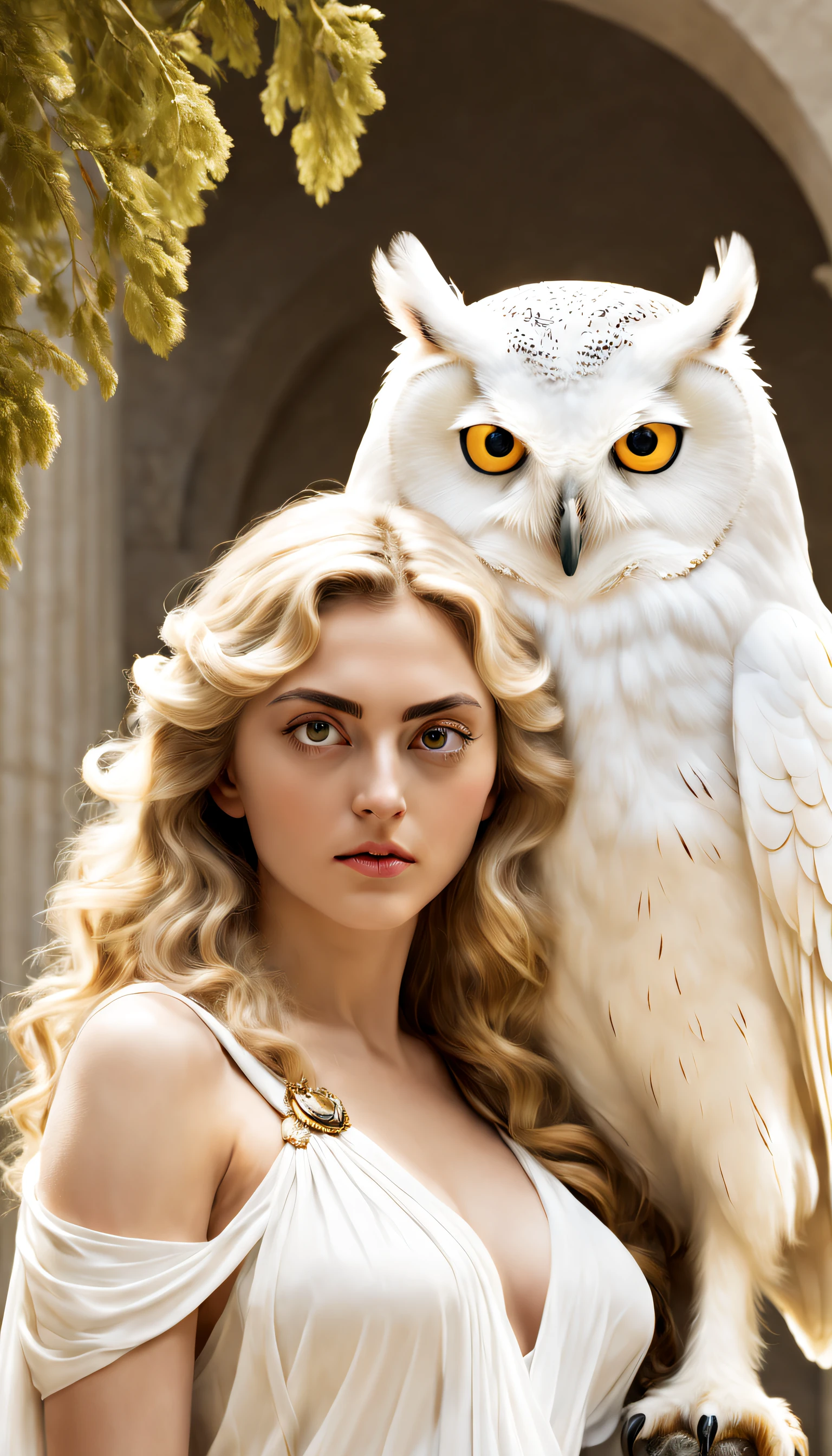 (純白のフクロウがアテナの肩に担がれている), （フクロウの全身）， (真っ白 owl: 1.37), 真っ白 owl, 真っ白 owl, (アテナの左肩に立つ：1.30), (肩の上に立つ) ，(肩の上に立つ) ， フクロウの顔は丸い, (大きな青い目: 0.8), とても大きな目, 短く曲がったくちばし, 厚い, 真っ白，帽子の羽根, それはユニークで美しい生き物です，自然の驚異と知恵が展示されています, 
(アテナの体の左半分: 0.8), 女神の目は明るくて大きかった, 魅力的で荘厳, 彼女の顔の輪郭は優雅で洗練されている, 彼女のギリシャの鼻はまっすぐだ, 彼女の髪は金髪か黒髪, 長くて滑らか, 彼女はよく口をきつく結んでいる, 彼女の決意と決意を示す. 彼女の肌は白く、傷一つない, 象牙色の皮, 威厳と美しさ, 輝く金色の光, オリーブの枝を身に着ける,,{{傑作}}, {{{最高品質}}}, {{超詳細}}, {{図}}, {{乱れた髪}}, {{傑作}}, {{{最高品質}}}, {{超詳細}}, {{{図}}}, {{乱れた髪}}
シュルレアリスム芸術スタイル ,胸の谷間のクローズアップ，神話，古代ギリシャ，,傑作,マットペイント,謎めいた雰囲気,被写界深度 (自由度), ショット(マイクロ),閉じる,ドラマチックな照明