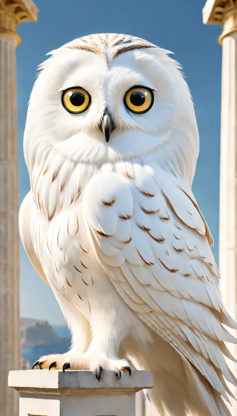 (A pure white owl is held up by Athena's shoulders), （The entire body of an owl）， (Pure white owl: 1.37), Pure white owl, Pure white owl, (Stand on Athena's left shoulder：1.30), (Stand on the shoulder) ，(Stand on the shoulder) ， The owl's face is round, (w...