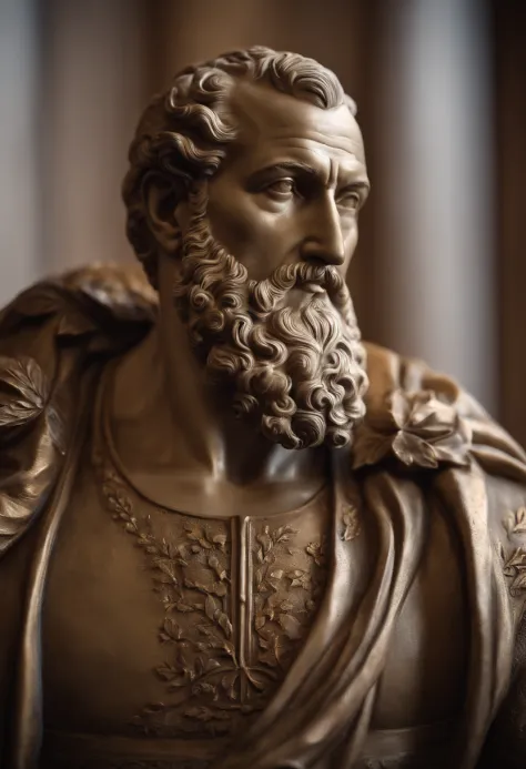 a close up of a bust of a man bald, with a beard, cinematic bust