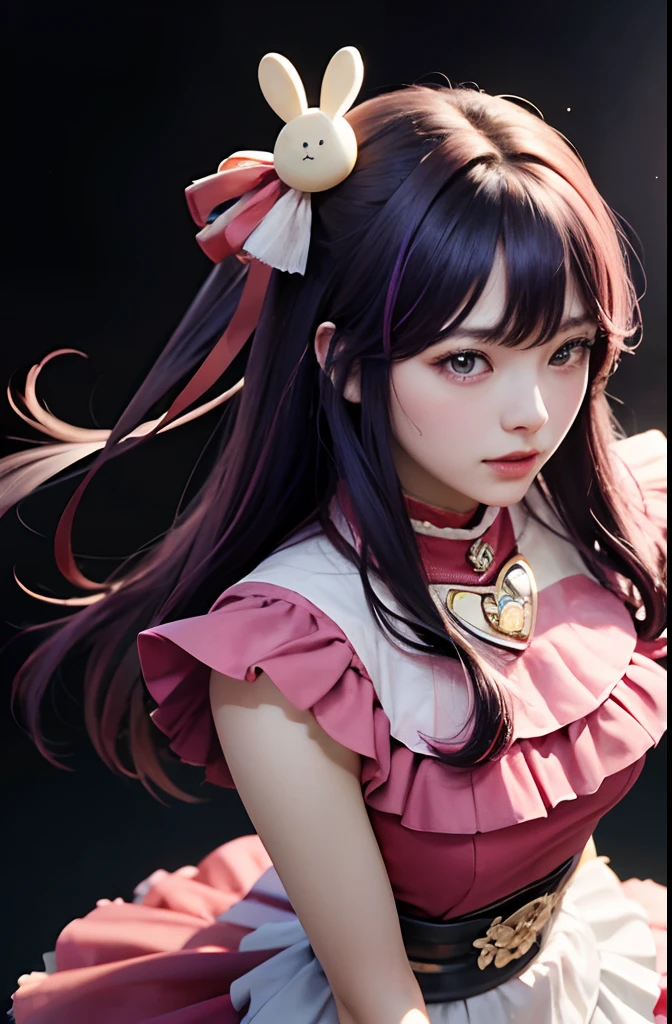 best quality, high res, 8k, hoshino ai, looking at viewer, hair between eye, Hair Ornament, Hair Ribbon, Long hair, One side up, Purple hair, rabbit hair ornament, Brake belt, Black belt, brooches, Dress, Pink dress, frilly dress, Ruffled gloves, frilld, gloves, heart brooch, Idol, Idol clothes, Jewelry, Pink gloves, Red Ribbon, bow ribbon, turtleneck dress