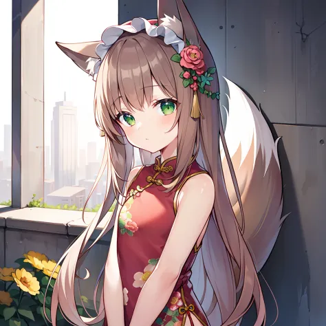 Masterpiece, Best quality, high resolution, 1girll, Solo, Oversized fox tail，(Long brown hair)，Green eyes，Small flower headdress...