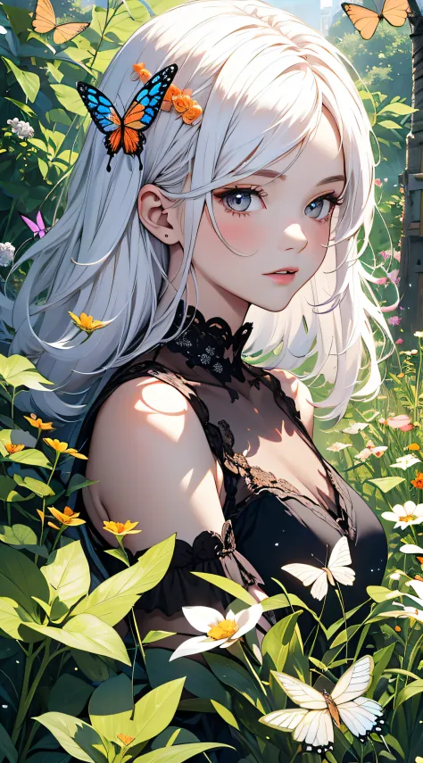 masterpiece, best quality, flowers, garden, 1girl, butterfly style, butterflies, ultra detailed, white hair,