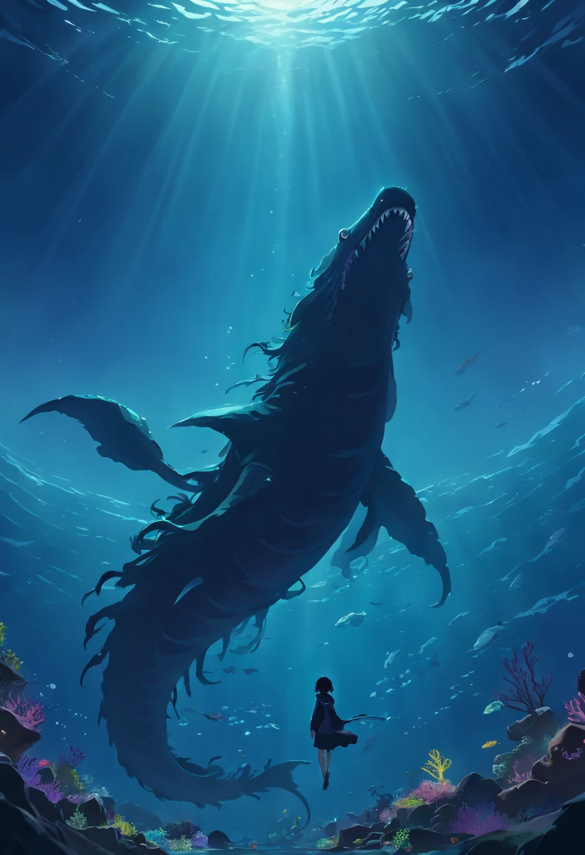 (Best quality,4K,8K,A high resolution,Masterpiece:1.2),Ultra-detailed,(Realistic,Photorealistic,photo-realistic:1.37),Top view,Looking down,Silhouette of a giant sea creature,Dark,Scary,seaview,Underwater,Monster figures,Scary existence,Secluded waters,Ominous atmosphere,Abyss,mysterious creature,Causes fear,scary sea monster, Majestic,Imposing,The scales of living beings glistened in the dark depths,Ocean depth,Terrible proportions,Vast dark waters,Darkness and foreboding,Shadow puppet dancing,Ominous silhouette,Eerily quiet,The unknown lurks underneath,Vast and desolate,A strong sense of isolation,Sinister vibes,Darkness crept in,Ominous existence,It's so beautiful,Intimidating,Eye-catching,Terrible beauty of the sea.