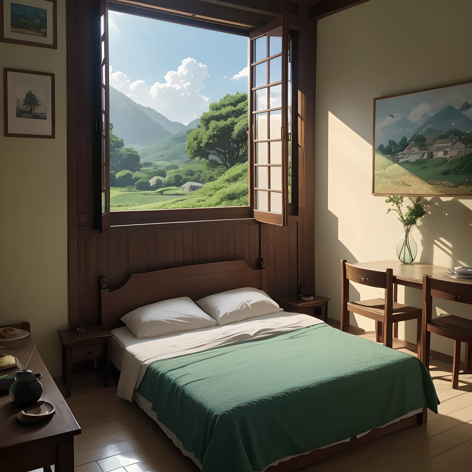 Es gibt ein Gemälde von einem Zimmer mit einem Bett und einem Fenster, ein sonniges Zimmer, Zimmer im Studio Ghibli, Studio Ghibli Sonnenschein, detailliertes Zenarium, Anime-Hintergrundkunst, Anime schöne friedliche Szene, Anime-Landschaft, Raumhintergrund , schöne Animeszene, ib-Hintergrundfenster öffnen, schöne Animeszene