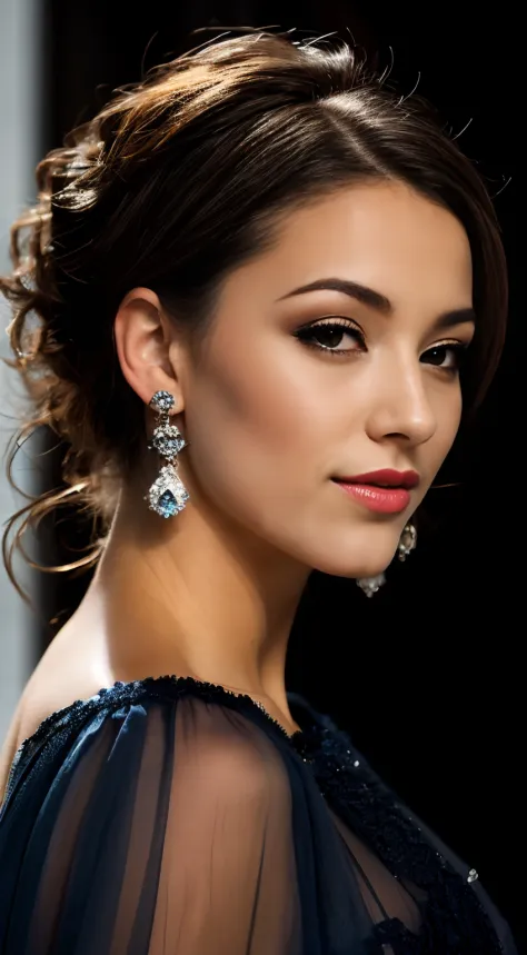 jeune femme de couleur de peau noir avec deux piercing aux oreilles portant une belle robe de soirée bleu.