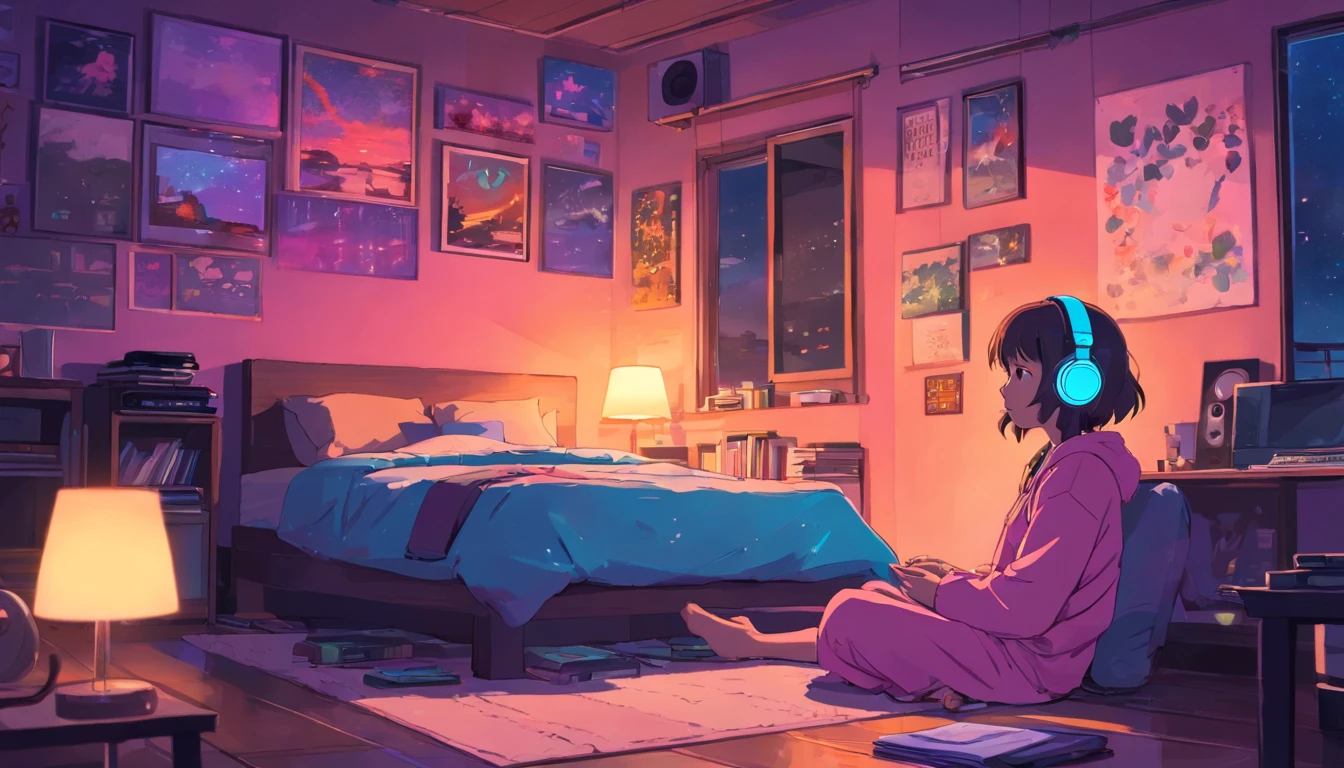 Girl sitting listening to music in a cozy room at night, Usando fones de ouvido, Anime estilo 2D, Lo-fi, disco Rigido, Ambiente escuro,, cabelo marrom, olhos pretos, pele parda,  child, vestindo um pijama rosa no shopping European hippie girl meditating in her room, Dreaming, Wear headphones, night lights, Neon landscape on a rainy day, Analog Color Theme, Lo-Fi Hip Hop , Retrospective, Flat, 2.5D ,Draw a line, Ink drawing, Large gradient, Watercolor painting, Goosch color, Studio Ghibli style, Awesome colorful, Outer Ton, Krautlock, lofi art, 70s style,Old textures, amplitude,Psychedelic atmosphere, masutepiece, Incredible technology,Girl listening to music in cozy room at night, Use headphones, 2D style anime, lo fi, hard disk, dark environment