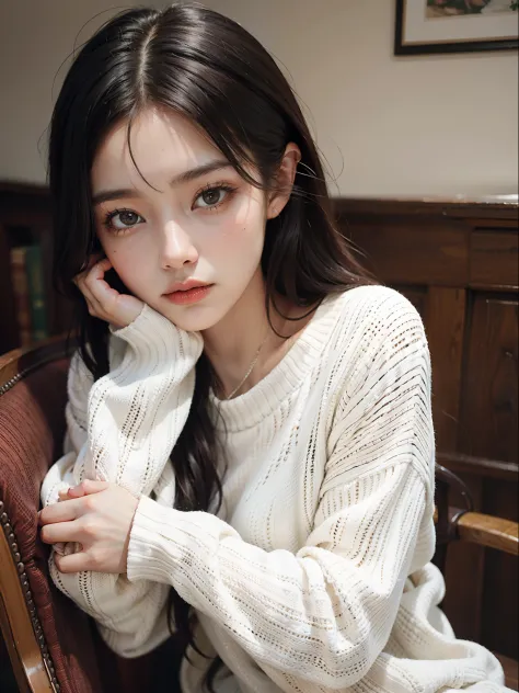 One girl wearing loose white sweater, sitting on chair , close-up