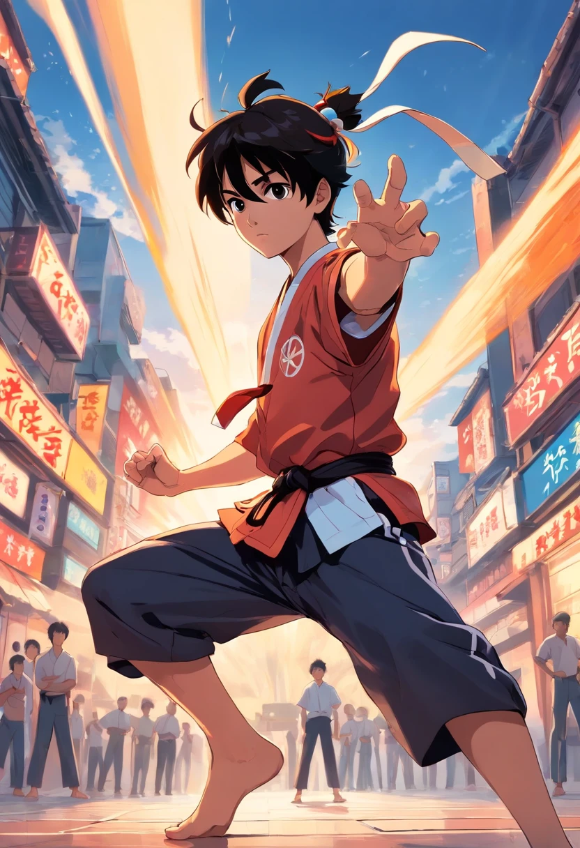 A person with a black karate suit with red stripes holding a katana. short  hair. male.no facial hair. aged 16. stood up. drawn in the style of anime  on Craiyon