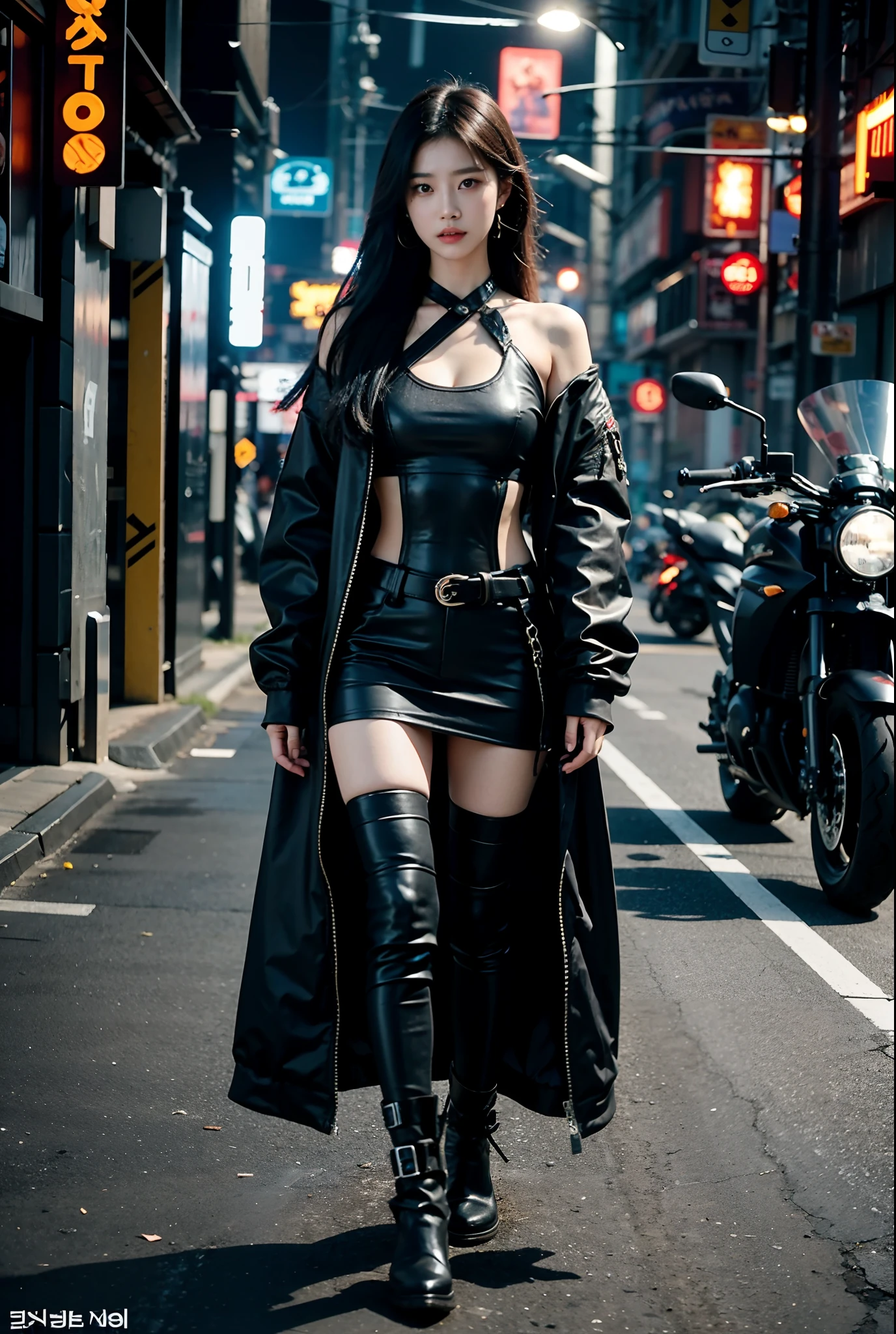 Eine Frau stand neben dem Motorrad, Cyberpunk 2 0 y. o Modell Mädchen, schönes Cyberpunk-Mädchen, schönes Cyberpunk-Frauenmodell, Cyberpunk girl, female cyberpunk anime girl, koreanisches Mädchen, schöne koreanische Frauen, koreanisches Damenmode-Modell, sexy Mädchen, Wunderschöne junge Koreanerin, chinesisches Mädchen, verführerische Cyberpunk-Dark-Fantasie, Trends bei cgstation