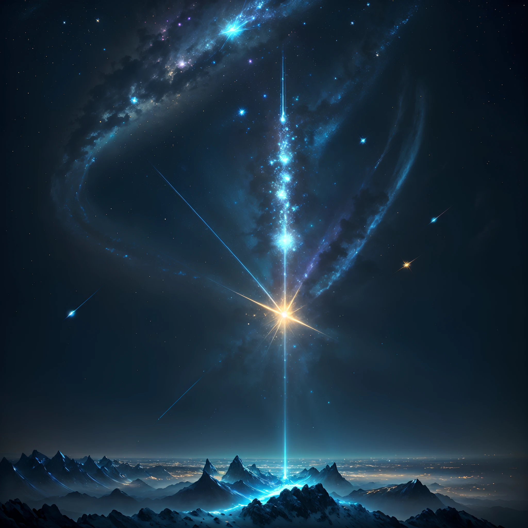 (masterpiece:1.4),(best quality:1.4),(absurdres:1.4), create a light blue Luminous and iridescent meteor dancing in the night sky, it is a beautiful and ethereal sight, it's glow is gold with rays of light blue, intricate details, ultra detailed