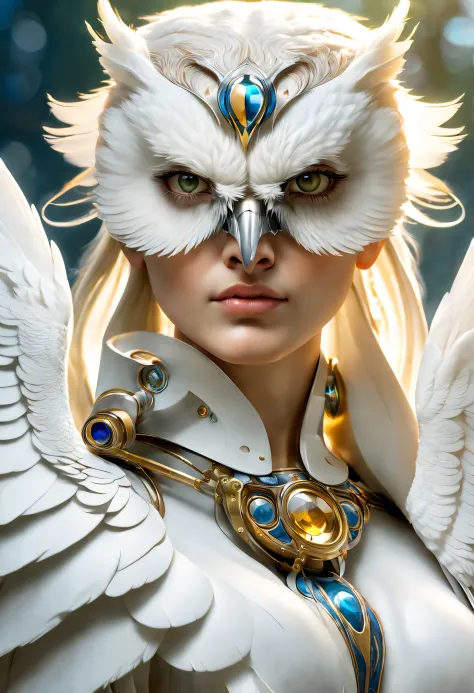 Surrealist art style (A huge pure bald eagle stands on Athena's shoulder), (Pure white owl: 1.37), Pure white owl, Pure white owl, (Stand on the shoulder: 1.37) The owl's face is round, (wide blue eyes: 0.8), very large eyes, Short curved beak, Thick, Pure...