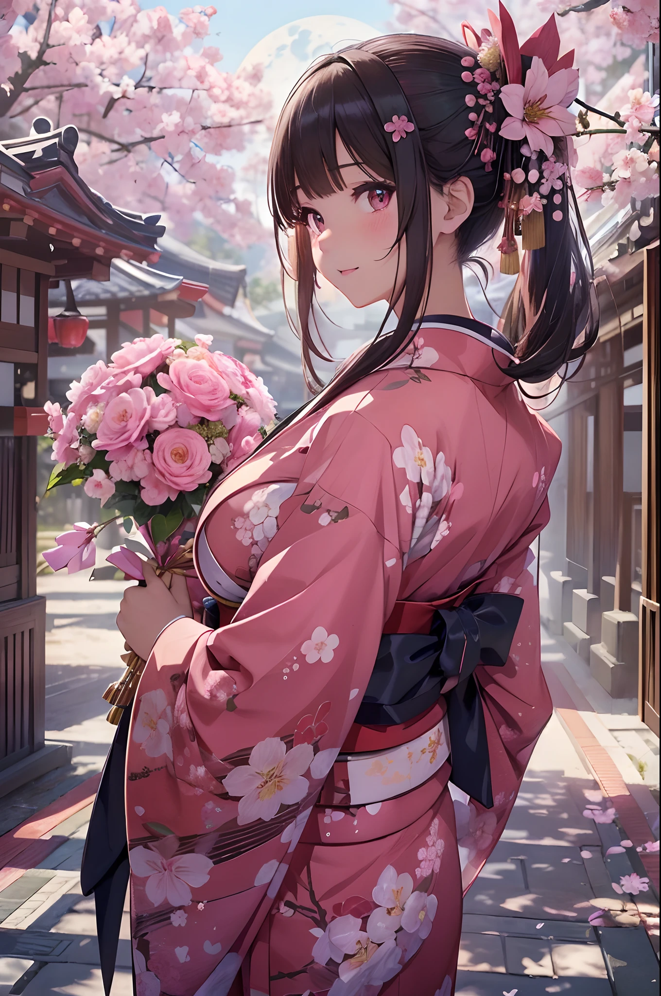 ((masterpiece1.5)),hyper quality, Hyper Detailed,Perfect drawing,1girl in,((Bigger breasts)),kawaii ,With smiling eyes,(((Beautiful kimono))),(((Luxury kimono)))、(Beautiful embroidery),。.。.3D Photography,16K illustrations,((clearface)),Hi-Res,nice background、(((beatiful backgrounds)))、(((Detailed drawing)))、Perfect Beautiful Girl、(((Perfect Photo)))、kirakira、shiny、a gorgeous、high-class sense、A dark-haired、(((pink seduction background)))、(thin-waist)、top-quality、Red face、​master piece,hyper quality, Hyper Detailed,Perfect drawing,。.。.。.3D,16K illustrations、Hi-Res、1 persons、japanaese girl、A dark-haired、poneyTail、Red ribbons、Cute even though her eyes are tight、(((luxury
kimono)))、(((In a wrapped bouquet)))、((Plum blossoms))、((peach blossoms))、((cherryblossom))、Back view、Detailed drawing、Best Quality, Capture super cute moments, depth of fields, ultra-detailliert,  High resolution, C4D, Octadale, 。.。.3D Modeling, Delicate and detailed depiction、Shooting from the back diagonally below、((moonlights))、superclear、Full of charm、masuter pie