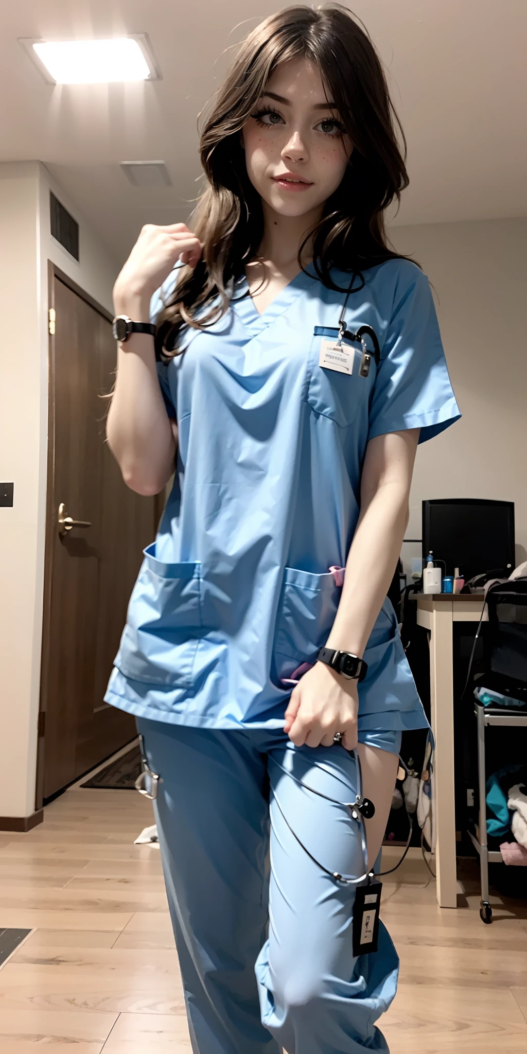 Arafed woman in scrubs and a watch is posing for a picture - SeaArt AI