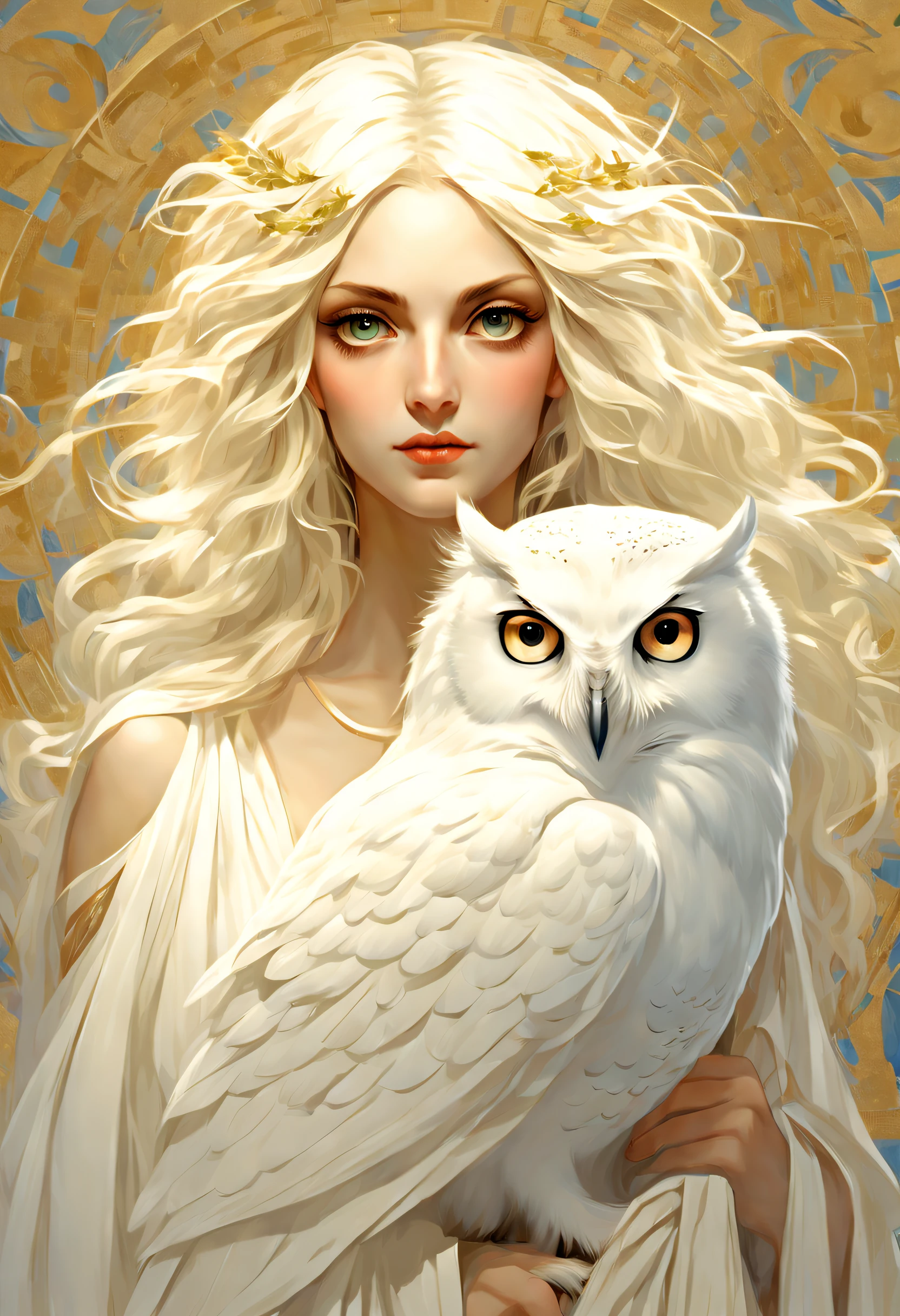 シュルレアリスム芸術スタイル (アテナの肩に立つ純白のフクロウ),(真っ白 owl: 1.37), 真っ白 owl, 真っ白 owl, (アテナの肩の上に立つ),(肩の上に立つ: 1.37) フクロウの顔は丸い, (大きな青い目: 0.8), とても大きな目, 短く曲がったくちばし, 厚い, 真っ白 feathers, 厚い claws, 真っ白, それはユニークで美しい生き物です，自然の驚異と知恵が展示されています,
(アテナの体の左半分: 0.8), 女神の目は明るくて大きかった, 魅力的で荘厳, 彼女の顔の輪郭は優雅で洗練されている, 彼女のギリシャの鼻はまっすぐだ, 彼女の髪は金髪か黒髪, 長くて滑らか, 彼女はよく口をきつく結んでいる, 彼女の決意と決意を示す. 彼女の肌は白く、傷一つない, 象牙色の皮, 威厳と美しさ, 輝く金色の光, オリーブの枝を身に着ける,,{{傑作}}, {{{最高品質}}},{{超詳細}}, {{図}},{{乱れた髪}},{{傑作}},{{{最高品質}}},{{超詳細}}, {{{図}}},{{乱れた髪}},キャラクターのコンセプトアート,ゲームシーングラフ,アルフォンス・ミュシャの美しい絵画,図,傑作,マットペイント,謎めいた雰囲気,似顔絵,被写界深度 (自由度),フルボディレズビアン,閉じる,ドラマチックな照明