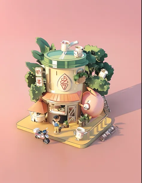 high qulity，32K，Perfect light and shadow，Official picture，A milk tea cup with，Milk tea house，Pink peaches，Delivery boy，the motorcycle，.。.。.。.。.。.。.。.。.3Drenderingof，。.。.3D,，isometry，C4D，Popmart blind box，