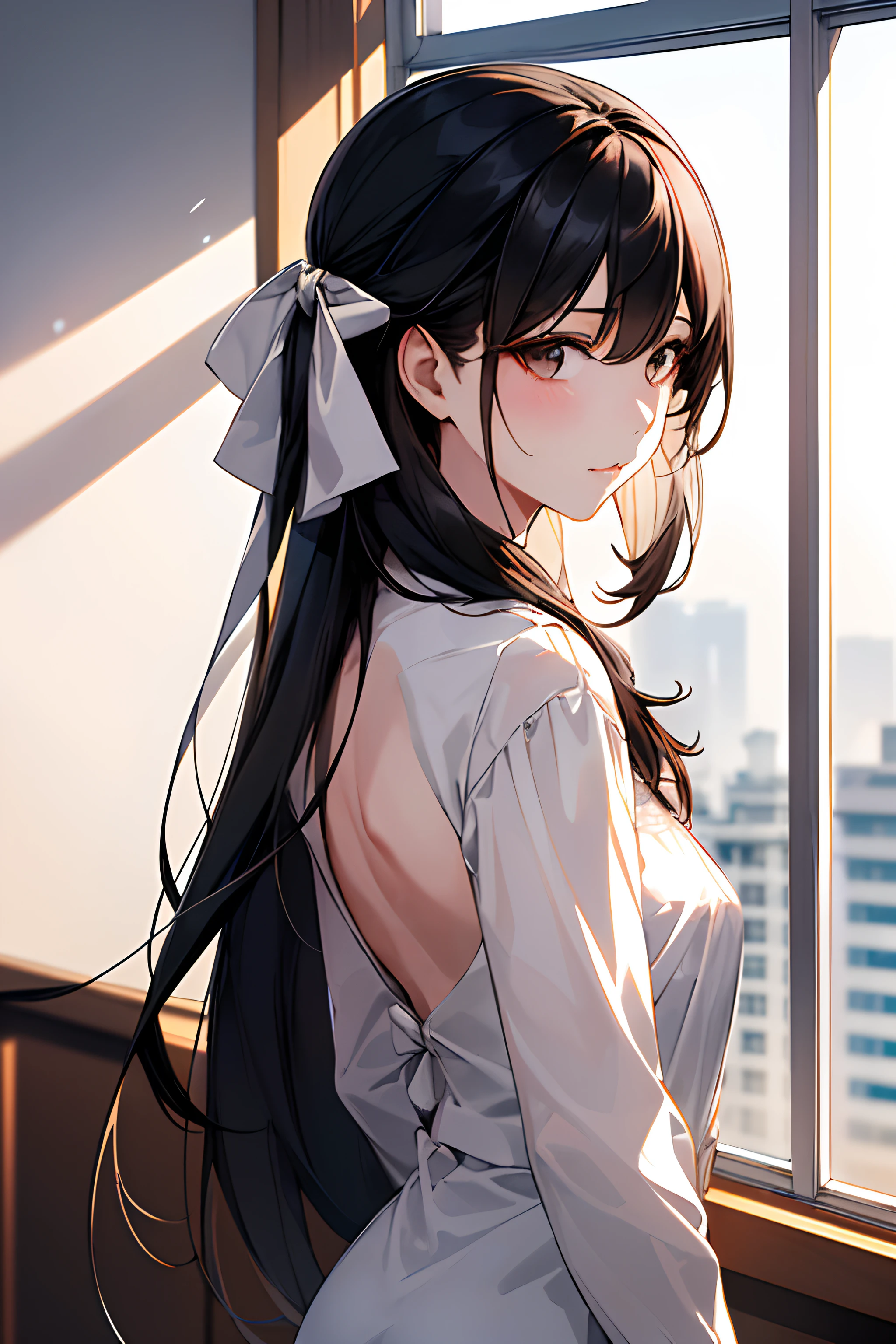 Anime girl with long black hair looking out a window - SeaArt AI