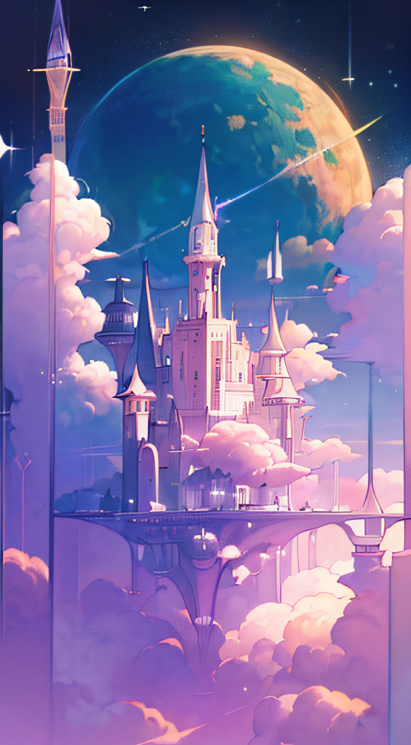 ((master piece)), best quality, (8k, best quality, masterpiece:1.2), ultra-detailed, illustration, big fantasy city, Science fiction, ethereal city, Floating city, many planets in the skies, clouds around, celestial architecture, purple energy scarring around, Giant castle in the center, astral skies