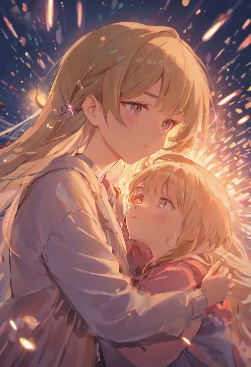 A couple of anime characters hugging each other in front of a sky - SeaArt  AI