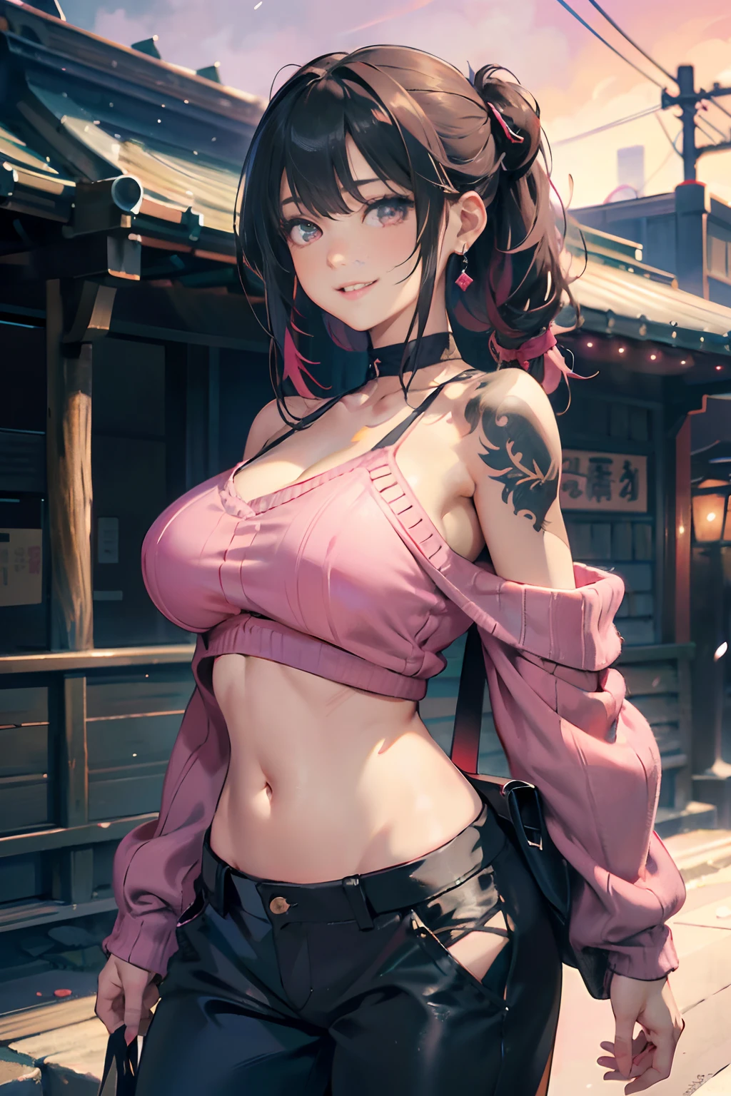 a 20 yo woman、Blackberry Hair、long twintail、Big smile、cleavage of the breast、Thighs at a glance、fishnet tights、＜Quality Improvement Prompt＞
＜Character appearance、Backgrounds and other prompts＞
BREAK (Pink Theme:1.4), (Vivid colors:1.3), (Pink Sweater:1.4), (long-sleeve:1.3), ((off shoulders, Navel, Stomach):1.3),
BREAK (Black theme:1.3), ((Black oversized pants, Black baggy pants):1.3), (Black Choker:1.2), (earrings:1.2), (lace-up boots:1.1),
＜expressioness、illuminating、Other Prompts＞(hi-top fade:1.3)、dark themed、Muted Tones、Subdued Color、highly contrast、(natural skin textures、Hyper-Realism、Soft light、sharp) (masutepiece, of the highest quality, Best Quality, Official art, Beautiful and aesthetic: 1.2), (1girl in: 1.3), Very detailed, (Fractal Art: 1.1), (Color: 1.1) (Flowers: 1.3), (By Yuko Higuchi:1.4), Yuko Higuchi,(posted by Yow:1.2),(linear art),Line drawing,Pen drawing,Zentangle,(Tattoo patterns:1.2),(complex lines),(masutepiece),(Best Quality:1.1), (Ultra-detailed),Best Illustration,finely detail,hand-drawn high quality,High contrast,(Clean lines:1.3),ligne claire,(Portrait),(very closeup:1.1),1 girl,Solo,The girl is wrapped in snow,(Intricate details:1.3),(Detailed background:1.2),(coloured background:1.1),sketch,Intricate details,High resolution，a moon，top-quality、8K、hight resolution、​masterpiece、(portlate:0.6)、A dark-haired、Middle hair、(grinning evily:1.3)、(Look at viewers:1.3)、(bokeh dof)、18year old、8K, masutepiece, (Photorealistic:1.5), Artistic portrait from behind ((Yakuza Girls) Wearing kimono), back tattoo, Revealing the tattoo on the back, (Dragon tattoo), Bare shoulders, huge-breasted,  Beautiful skin, Slim Fit Body, Cute face, nice appearance, look at viewr, Red hair in a bun with bangs, Foggy, Daylight, skyscapers, Clouds, Cozy and cool atmosphere, Dynamic lighting, natural, artistic，18-year-old girl Wahori skin, Yakuza, Japan Mafia, Background of Tokyo Red Light District, Realistic, Photoreal, masutepiece, Best Quality, Sexy with tattoos, Exotic
