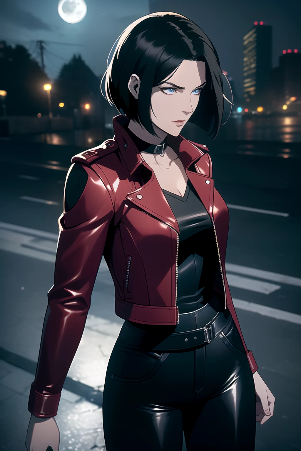 (Masterpiece, Best Quality), (A Gorgeous 25 Years Old British Female Vampire Mercenary), (Wavy Bobcut Black Hair:1.4), (Pale Skin:1.2), (Blue Eyes), (Serious Looking), (Wearing Red Leather Jacket, Black V-Neck Inner Shirt, and Black Tight Pants:1.6), (Busty Chest Size:1.4), (Dynamic Pose:1.4), (City Road at Night with Moonlight:1.6), Centered, (Waist-up Shot:1.4), From Front Shot, Insane Details, Intricate Face Detail, Intricate Hand Details, Cinematic Shot and Lighting, Realistic and Vibrant Colors, Masterpiece, Sharp Focus, Ultra Detailed, Taken with DSLR camera, Depth of Field, Incredibly Realistic Environment and Scene, Master Composition and Cinematography, castlevania style