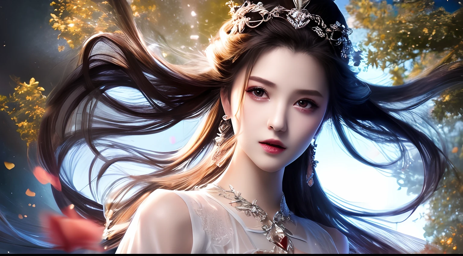 8k ultra hd, mastermiece, a girl, good face, detailed, eyes, beautiful lips, very hong hair, spreading hair, medium breasts, wedding dress, white dress, in the park, flying birds, blowing winds, clear weather, whole body capture,