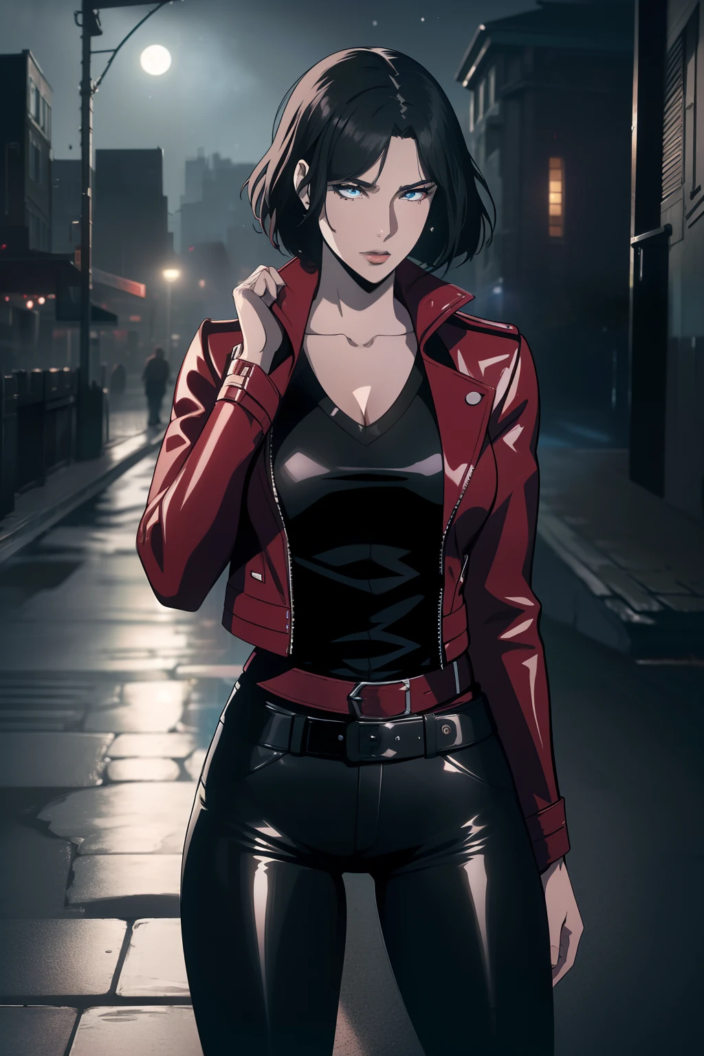 (Masterpiece, Best Quality), (A Gorgeous 25 Years Old British Female Vampire Mercenary), (Wavy Bobcut Black Hair:1.4), (Pale Skin:1.2), (Blue Eyes), (Serious Looking), (Wearing Red Leather Jacket, Black V-Neck Inner Shirt, and Black Tight Pants:1.6), (Busty Chest Size:1.4), (Dynamic Pose:1.4), (City Road at Night with Moonlight:1.6), Centered, (Waist-up Shot:1.4), From Front Shot, Insane Details, Intricate Face Detail, Intricate Hand Details, Cinematic Shot and Lighting, Realistic and Vibrant Colors, Masterpiece, Sharp Focus, Ultra Detailed, Taken with DSLR camera, Depth of Field, Incredibly Realistic Environment and Scene, Master Composition and Cinematography, castlevania style