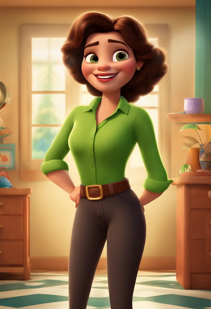 A cartoon character of a woman in a green shirt and brown pants - SeaArt AI