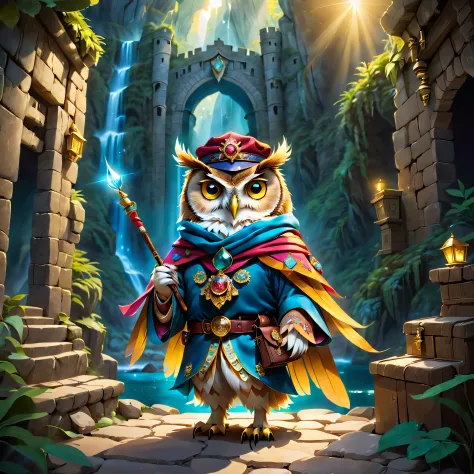 When a cute owl steps into the dark castle，A faint ray of sunlight shone through a crack in the ancient wall。It wears a special ...